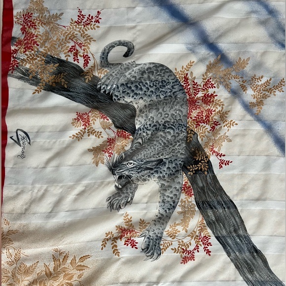 🐆Vintage 70s Gim Renoir Square Cheetah Scarf Blue & White | Red Border | 33" Sq - Picture 14 of 17